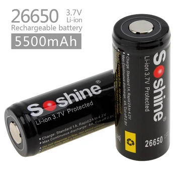 2 Buc / Lot Soshine 26650 Baterie 5500mAh 3.7 V 26650 Protejate baterie Reîncărcabilă Li-ion cu Celule PCB Acumulator 26650
