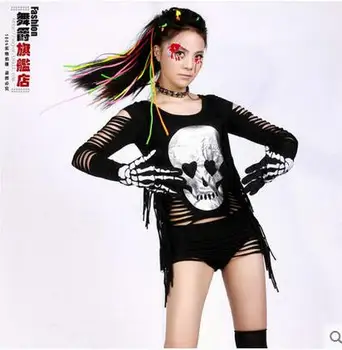 2017 Nou brand de Moda hip-hop-top dance feminin Jazz costum de performanță purta etapă haine de Halloween craniu ciucure Sexy t-shirt