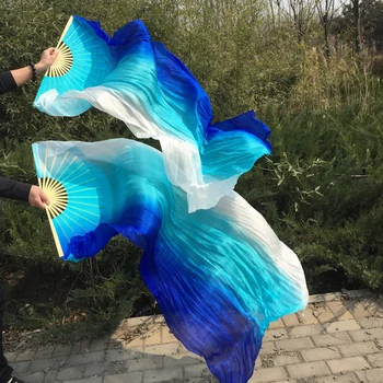 2018 Nou 1 pereche(Stanga+Dreapta) mătase naturală belly dance fan voal 1,8 m Albastru+Albastru deschis+Alb