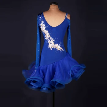 2018 nou dans latino rochie fete mâneci Lungi albastru de dans latino, costume pentru femei diamond latină rochii pentru fete de concurență