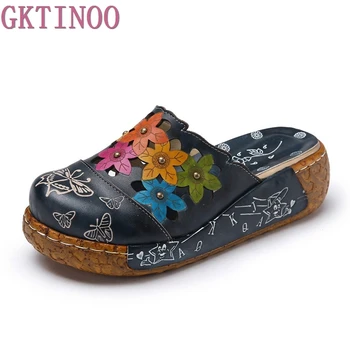 2018 Stil Etnic din Piele Femei Pantofi de Vara, Sandale wedges Slide-uri de Flori lucrate Manual pentru Femei Platforma Papuci de casă