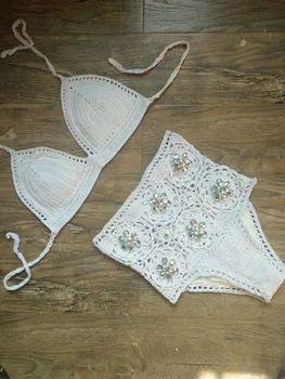 2018 Venus, Vacanta, sexy crochet bikini set de diamant de costume de baie cu talie înaltă flori de costume de baie bandaj bling pietre costum de baie