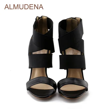 ALMUDENA Design Unic Neagra Piele, Elastic Patchwork Rochie Sandale Strechy Cruce Strappy Gladiator Pantofi cu Tocuri Subtiri