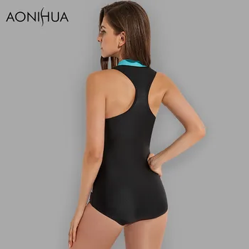AONIHUA 2018 Negru-O singură Bucată de costume de Baie Femei Sexy cu Fermoar Frontală body Surfing Rash Guards Costume de baie Femei de Vară costum de înot