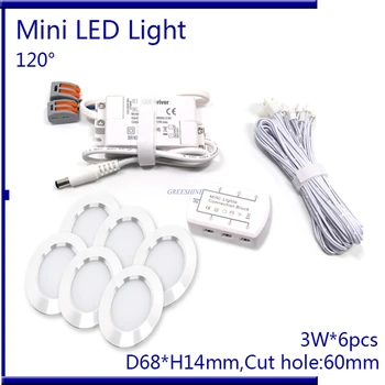 D68XH14MM 6pcs/set Cu Sofer ,6M Cablu ,Conector 3W LED Downlight Estompat Încastrat LED-uri de Lumină Cabinet PWM Dimmer AC110-240V