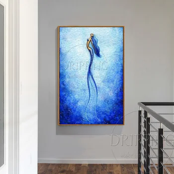 Design unic, de Mână-pictat Fundal Albastru Special Animale Sirena Pictura in Ulei pe Panza Sirenă Frumoasă Pictură în Ulei
