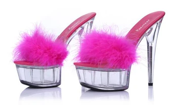 Femei Sandale de Vara Nou Alineat Cristal Transparent Super High-Toc 15 cm rezistent la apa 5cm Papuci de casă Feminin Distractiv de Blană Papuci Pantofi