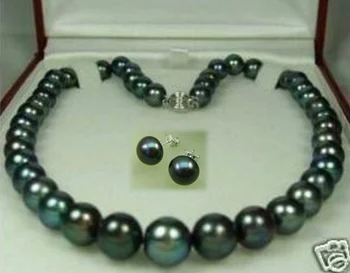 Frumos 8-9mm Negru Tahitian Perle Naturale Colier cercei cadou 1a-