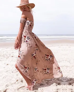 Hitmebox 2018 Noi Femei Florale Imprimare Fara Bretele Pe Umăr Rece Vara Dressess Split Boho Petrecere Pe Plajă Șifon Maxi Rochie