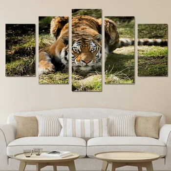 Home Decor Imprimat Moderne Canvas Camera de zi Neînrămate Imagini HD de 5 Panouri Jungle Tiger Iarbă Peisaj Pictura Modular