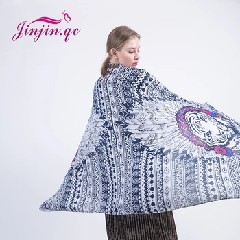 [Jinjin.QC] Moda femei diagonal de bumbac eșarfă Indiană cap de tigru de imprimare eșarfe & șaluri de primăvară geometrice echarpe foulard femme