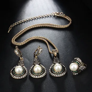 Kinel 3Pcs Vintage, Seturi de Bijuterii Pentru Femei Epocă de Aur Cercei cu Perle Colier Inel de Nunta Petrecere de sex Feminin turc Bijuterii