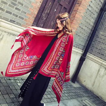 KYQIAO Etnice designer esarfa femei toamna iarna Spania stil boem, hippie mult roșu albastru de imprimare eșarfă cape șal de eșapament