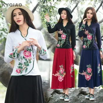 KYQIAO Ieftine-haine-china tricou femei toamna iarna etnice boho designer maneca lunga v broderie de flori gât t-shirt de sus