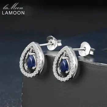 Lamoon 3X5mm Lacrimă Reale Blue Sapphire 925 sterling silver-bijuterii Coroana Stud Cercel S925 LMEI054