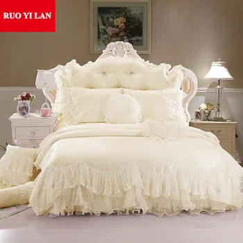 Lumina alb Jacquard de Mătase Printesa de pat set 4buc mătase, Dantelă, Volane carpetă acopere, o cuvertură cuvertură de pat king queen-size