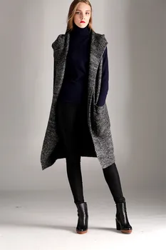 Lână, amestecuri de bumbac tricot gros femei de moda noua cu gluga pulover cardigan lung fără mâneci de culoare gri închis una si peste dimensiunea