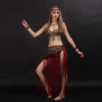 Mărimile S-XL Dansul din Buric Haine Tribale 2 buc Set Monede Sutien, Ciucure Hip Eșarfă de Belly Dance Tribal Set Costum de Performanță