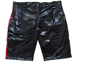 Negru strâns sexy skinny pentru bărbați PVC pantaloni scurți butoane și fermoare detalii front faux din piele scurt latex de cauciuc pentru bărbați shorts pentru bărbați S-3XL