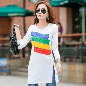 Noi de Iarna Tricou Tunică Lungă Bluze Mânecă Lungă T-shirt Pentru Femei de Moda Mozaic de Bumbac Femei T-shirt Camisas Femininas