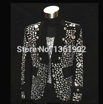 Plus dimensiune Personalizat din Cristal negru sacou masculin cântăreț dansator de performanță pietre îmbrăcăminte costum stras sacou costum