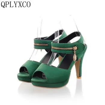 QPLYXCO Vânzare Fierbinte Nouă dimensiune Mare Vara Peep Toe Glezna Curea Dulce Sandale cu Toc Înalt Femeie Farmece Sandale Pompe de pantofi Elegant 513