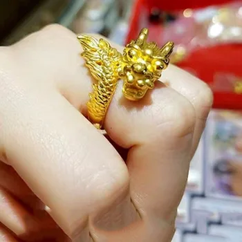 Real 24k Aur Galben de Moda Inel Domnilor Norocos Nobil Cap de Dragon Ring