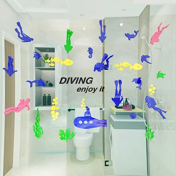 Scafandru Submarine 3D acril trei-dimensională de autocolante de perete pentru Copii sală de baie Dormitor Desene animate ocean de decorare Perete