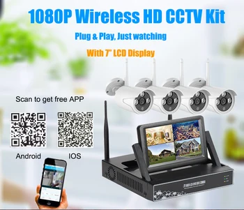 Securitate Wireless Camere video Sistem de Supraveghere cu Monitor 7 Inch Plug Play 20m Viziune de Noapte în aer liber, Wifi Kit Camera IP 2MP