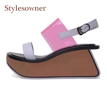 Stylesowner vara mai gros jos brioșă pantofi femei roz-transparent mozaic platforma wedge sandale gladiator