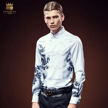 Transport gratuit Noua moda 2016 personalitate de sex masculin pentru Bărbați high-end cu mâneci lungi de cerneală de imprimare de flori camasa slim 612129 instock bluza