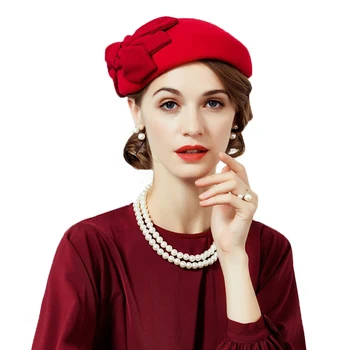 FS Vintage Red Doamnelor Pălărie de Lână Simțit Pălării de Iarnă pălăriuțele Cu Arcul Pălării de Nunta Pentru Femei Formale Biserica Pălării Fascinator