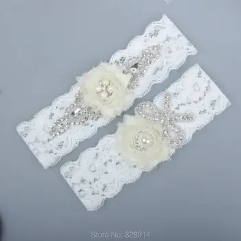 Moda originale de Lux Pietre de Cristal Dantelă Albă Jartiera Nunta Seturi pentru Mireasa Handmade Cu Fildeș Ponosit Chifon de Flori