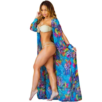 IASKY costume de Baie Acoperă-Up-uri 2017 Femei Sexy pe Plaja de Acoperire-Up-uri Șifon Rochie Lunga de Imprimare Plaja Cardigan bikini Acoperi