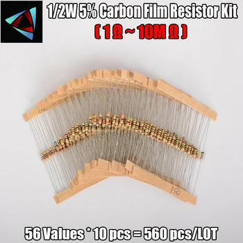 1/2W 0,5 W 5% 1 ohm - 10M ohm 560pcs 56 Valori Fiecare 10buc Film de Carbon Rezistențe Asortate Asortiment Kit