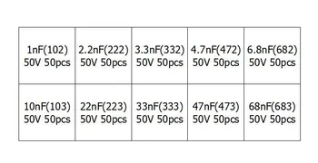 10 Valori 500pcs 1nF(102)~68nF(683) 2.2 nF(222) 3.3 nF(332) 4.7 nF(472) de 6,8 nF(682) Multistrat Monolit Condensator Ceramic Kit Set