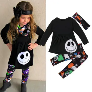 2-7Y Copil Copii Copii Fete de Halloween Seturi de Îmbrăcăminte Maneca Lunga Bumbac Rochie de Imprimare Topuri+Pantaloni 3Pcs Costum de Haine Set Trening