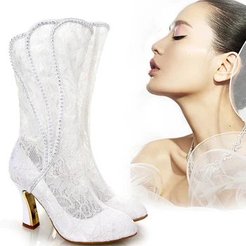 2016 Lux, Sexy Femeie de Primăvară de Toamnă Albă de dantelă Pantofii de Mireasa cu Toc Formale Cizme Rochie de Mireasa Pantofi de Bal Partid Tocuri inalte