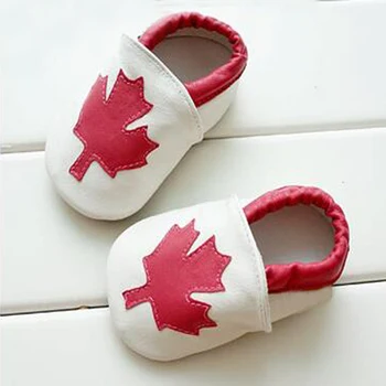 2016new Frunze de Arțar real, Copilul Piele mocasini prima Pietoni fete nou-născut non-alunecare Canada Flag copilul talpă Moale pantofi