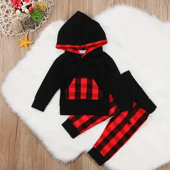 2017 Crăciun Nou-născut Copil Fată Băiat Hoodies Topuri tricou Pantaloni Lungi Tinutele Set Toddler Rosu Negru Ecosez Îmbrăcăminte