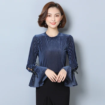 2017 Femei Bluza Toamna De Aur Bluza Din Catifea Noi Topuri Tricou Femei Coreene Guler Rotund Trompeta Maneca Maneca Lunga Plus Dimensiune Bluza