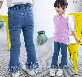 2017 toamna haine copii fete blugi de cauzalitate franjuri denim albastru baby girl jeans pentru copii fete de semnalizare pantaloni lungi