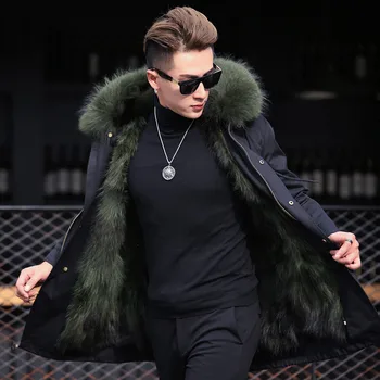 2018 Iarna de Moda pentru Bărbați de Mari dimensiuni Naturală de Raton cu Glugă & Căptușeală Cald Gros Armata Verde Jachete Parka de sex Masculin Casual, Paltoane Supradimensionate