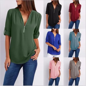 2018 Noi De Primavara-Vara Pentru Femei De Moda Topuri Casual Street Half Sleeve V-Neck Bluza Vrac Plus Dimensiune Șifon Fermoar Bluza, Tricouri