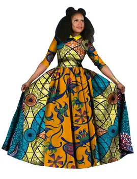 2018 Rochie de vara Dashiki Batik Print African rochii pentru femei Mâneci Lungi din Bumbac Guler de turn-down Rochie Plus Dimensiune WY842
