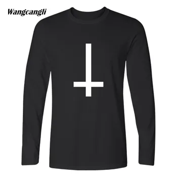 2018 Tipărite Fum de Metamfetamină și Hail Satan Cruce cu Susul în Jos Amuzant Tricou Bumbac Maneca Lunga T-shirt Plus Dimensiune Moda Topuri tricou