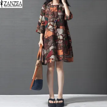 2018 ZANZEA Femei Vintage Print Floral Crewneck Maneca 3/4 din Bumbac Buzunare-Tunica Rochie Mini de Vara Vestido Plus Dimensiune