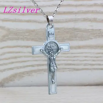 20buc INRI Crucifix Email alb Saint Benedict Medalia Crucea Farmece Pandantive colier Clavicula lanț farmec : 29mm x 59mm C18