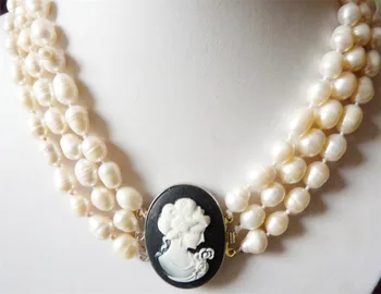 3 rânduri de 8-9MM Alb Baroc Pearl & Sculptate Fată Colier de Perle Bijuterii Frânghie Lanț Colier Margele Perla, Piatra Naturala 17-19inch