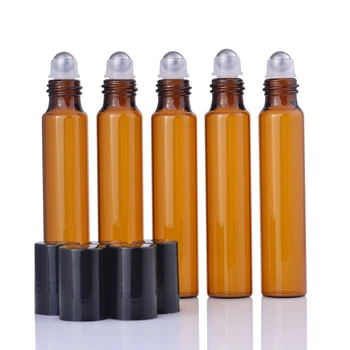 300PCS/Lot 10ml Amber Sticle cu Role Pentru Uleiuri Esențiale Roll-on Reîncărcabile Sticla de Parfum Deodorant Recipiente Cu Capac Negru